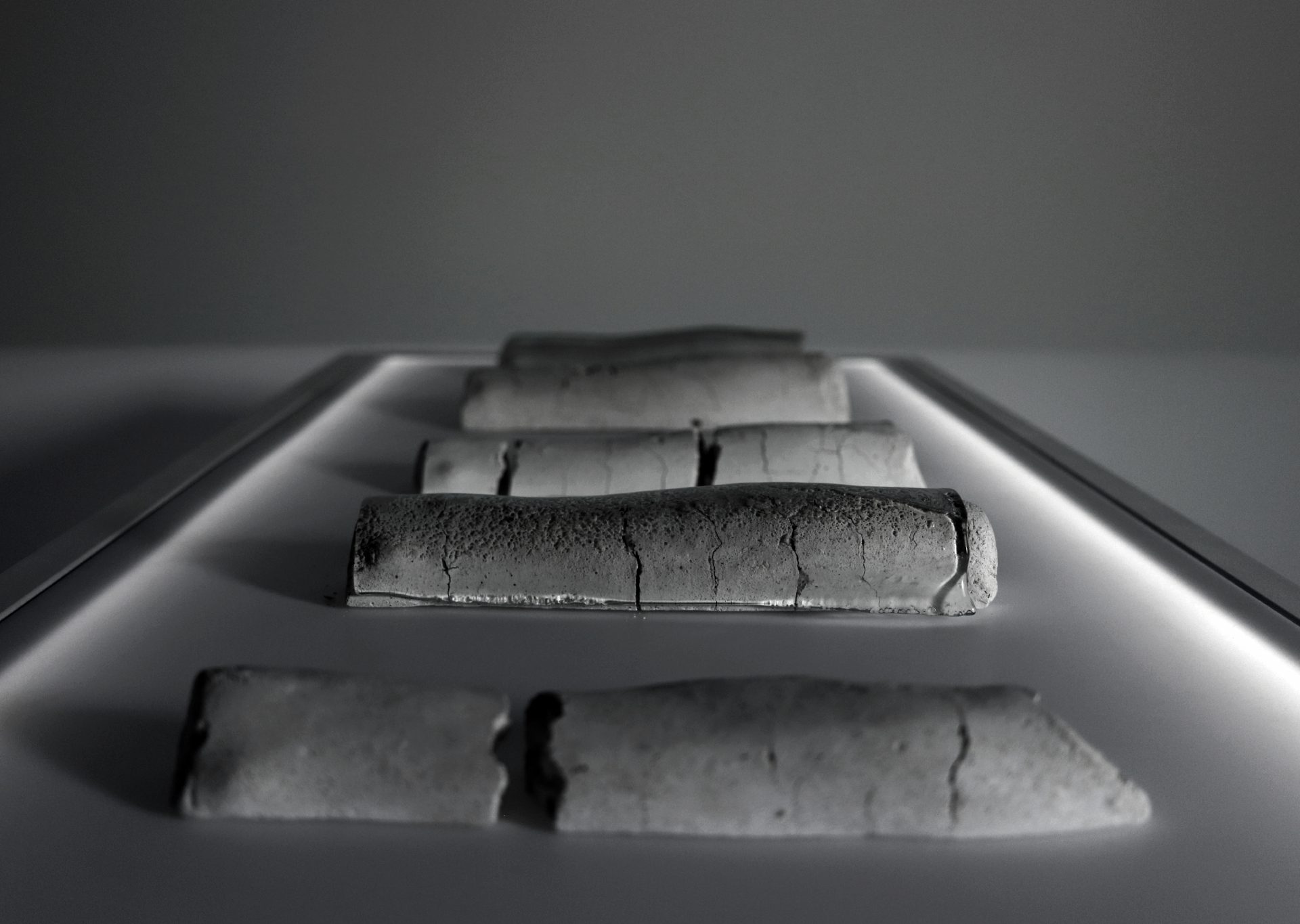 Formy kruchości, szkło, pleksi, szamot, stal, zdjęcie rentgenowskie, 182x76x56 cm, 2024Forms of Fragility
Glass, Plexiglass, Fireclay, Steel, X-ray Photo, 182×76×56 cm, 2024