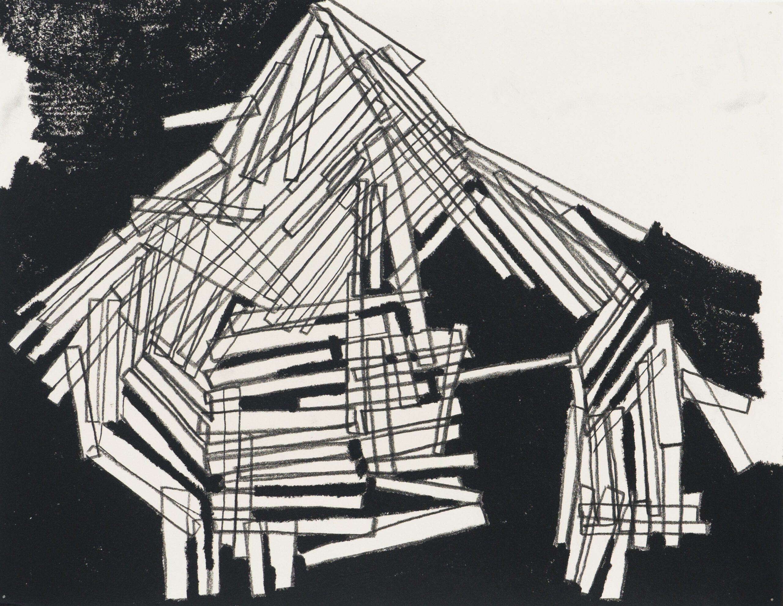 CHATA, czarna kredka, marker przemysłowy, ołówek, węgiel na
papierze, 28x36cm, 2020