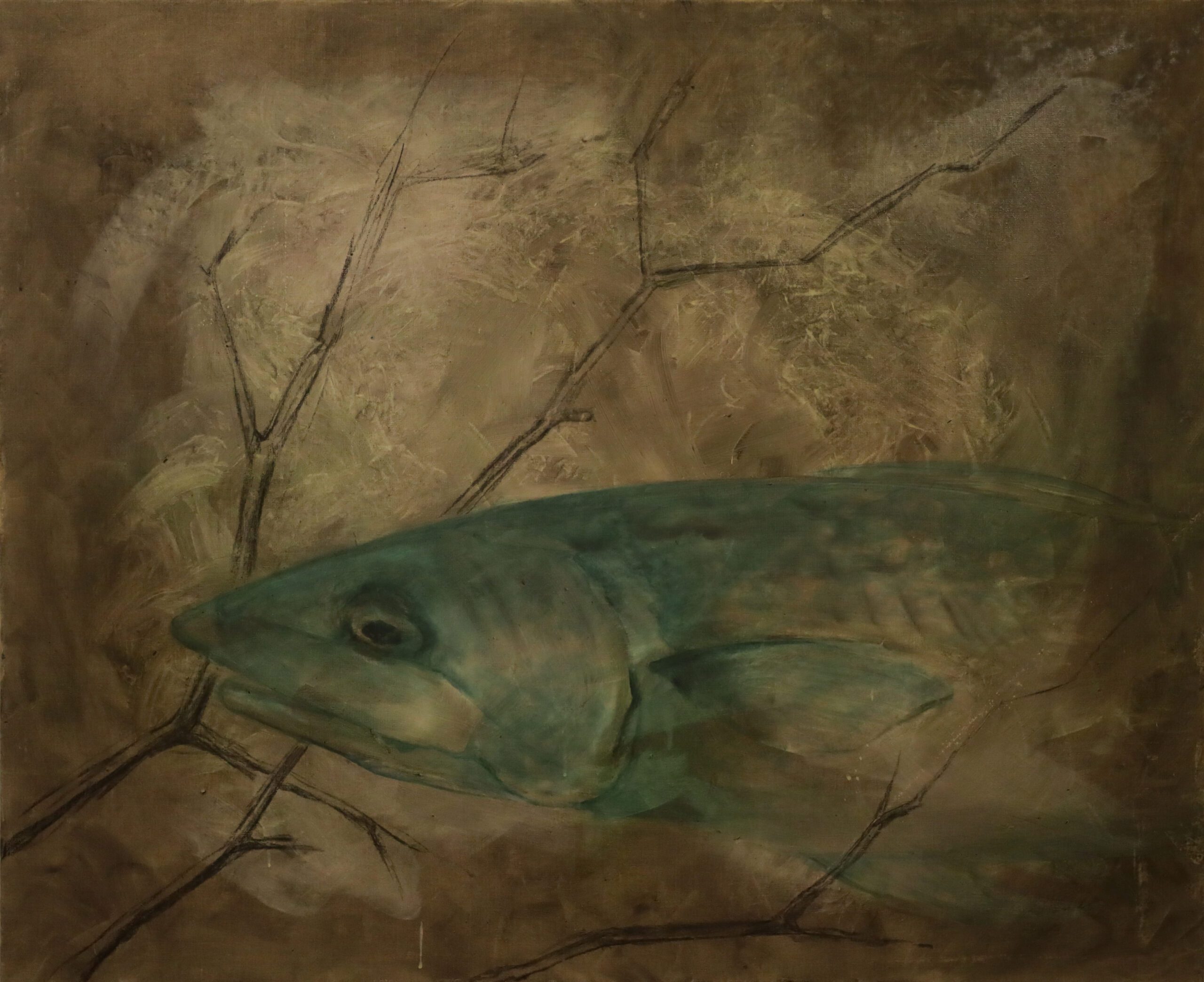 Ryba gnije od głowy- Makrela, olej na płótnie, 100x140 cm, 2024The fish rots from the head down- Mackerel, oil on canvas, 100x140 cm, 2024