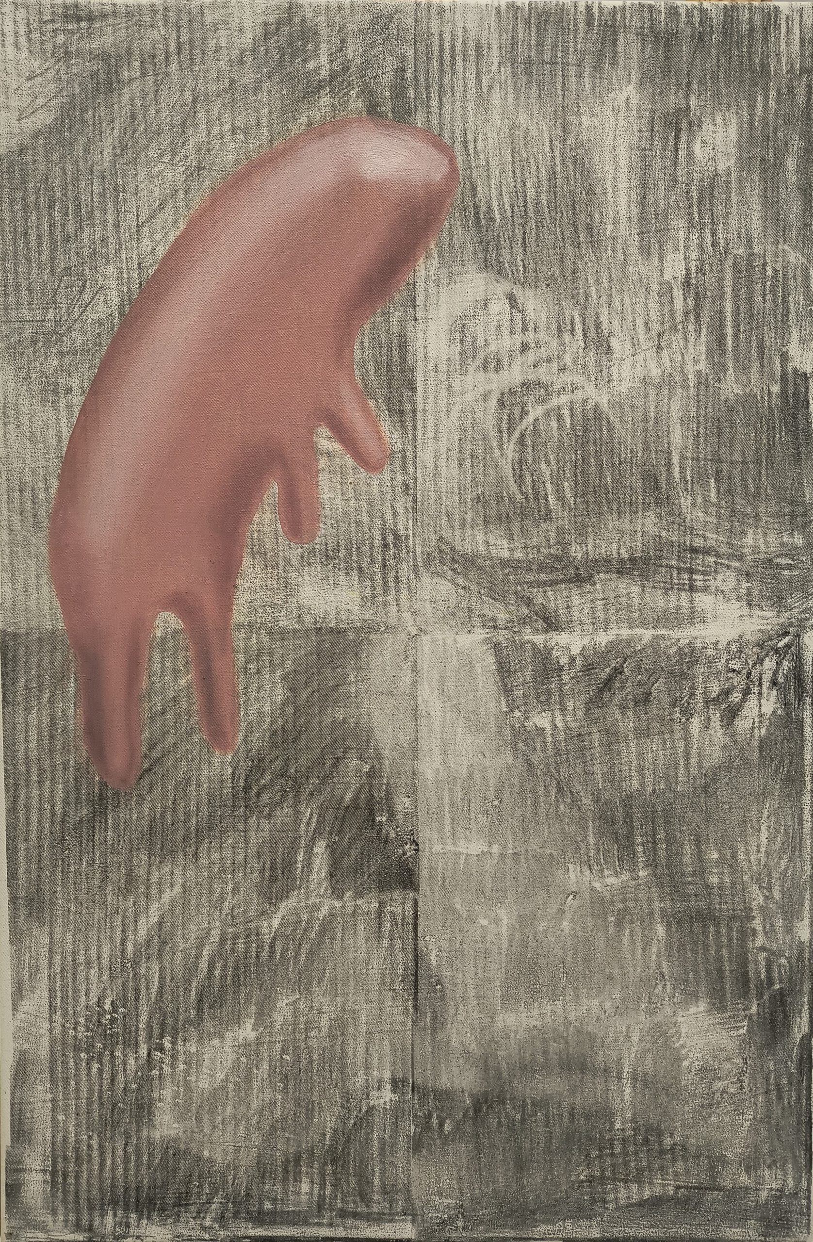 Spacer, olej i transfer na płótnie, 54x81 cm, 2024