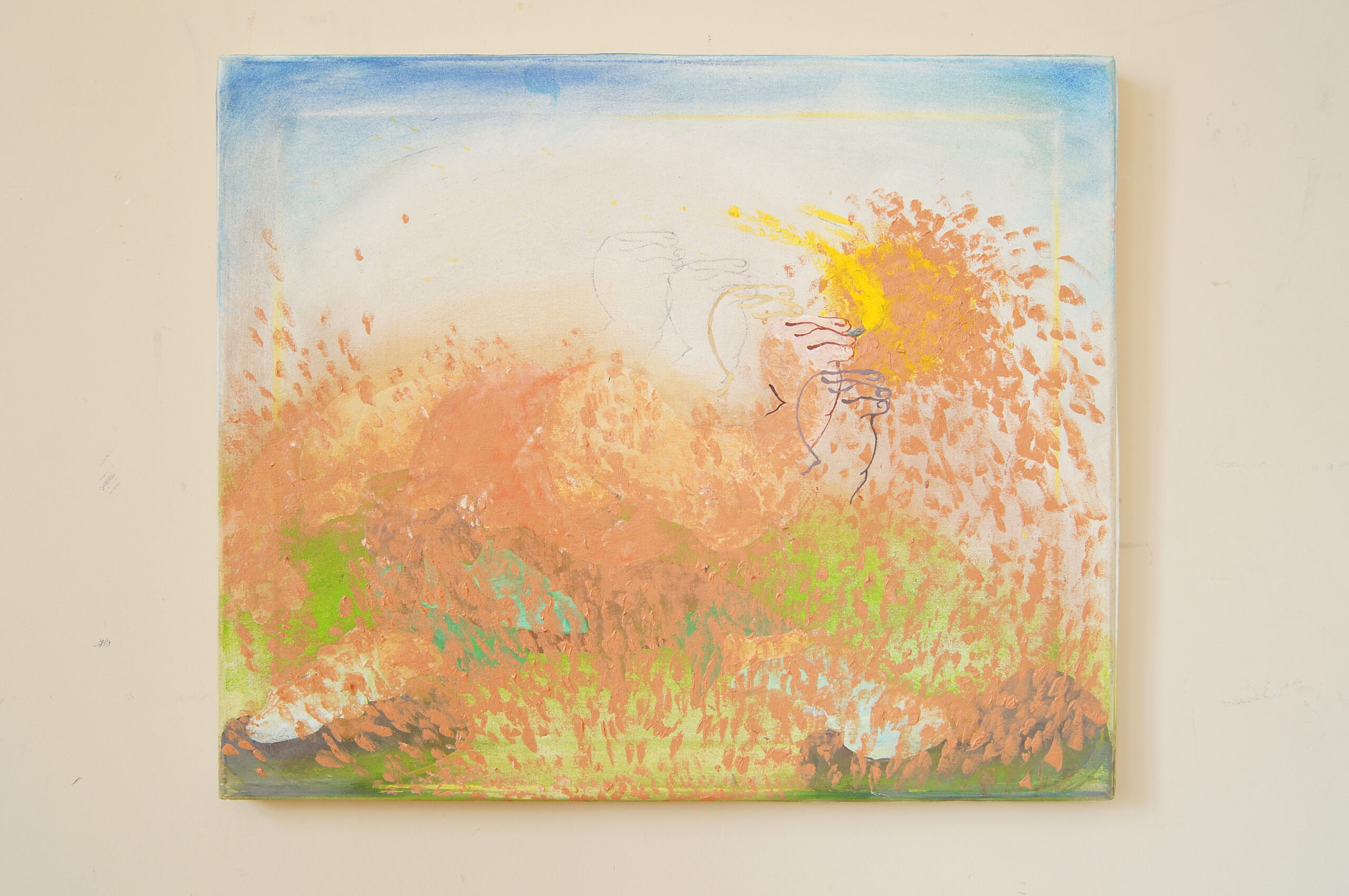 Stworzenie świata, akryl, gwasz, pastele na płótnie, 60x70 cm, 2025Creation of the World, acrylic, gouache, pastels on canvas, 60x70 cm, 2025