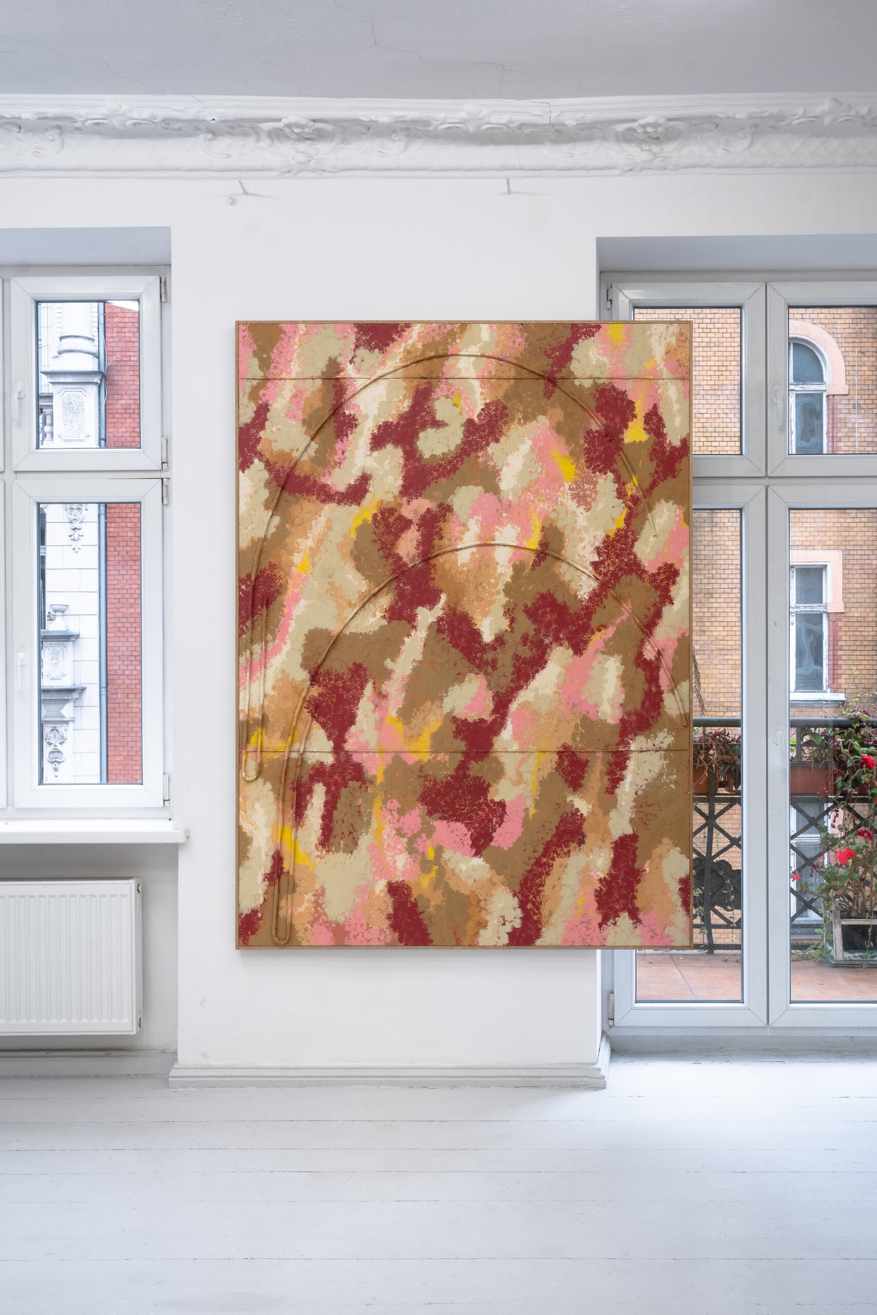 Rysunek szklarni, emalia, płótno, 200x145 cm, 2025