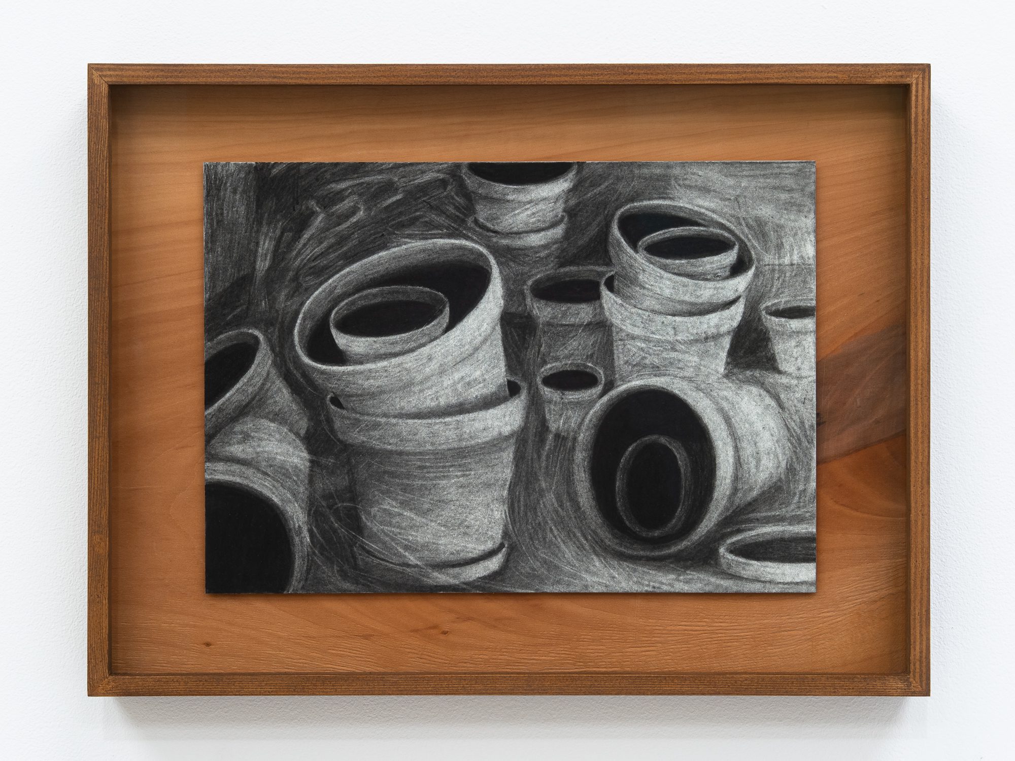 Doniczki, rysunek, węgiel na papierze, 21×29,7 cm (w ramie 30×40 cm), 2025