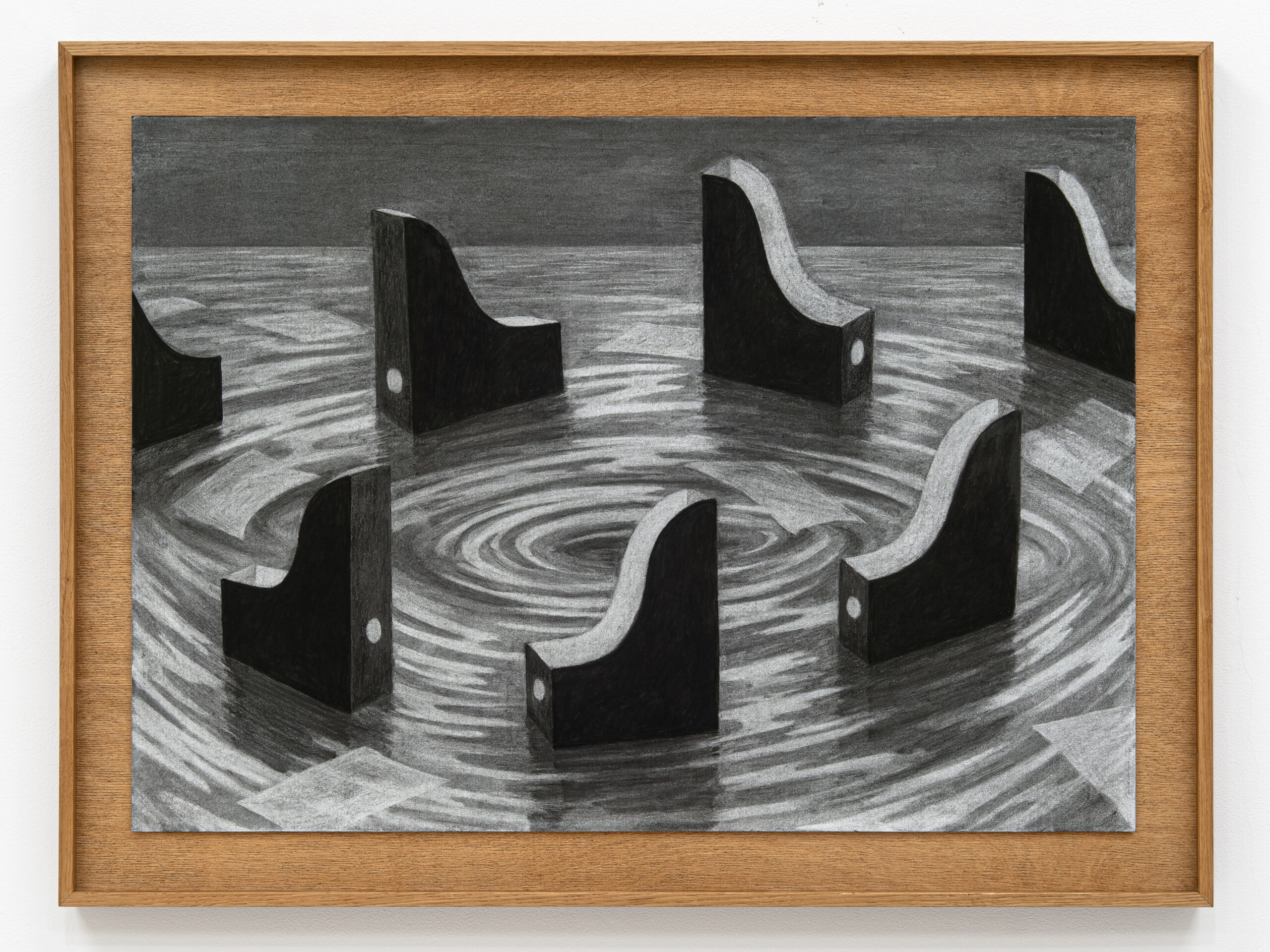 Sharks, rysunek, węgiel na papierze, 50×70 cm (w ramie 60×80 cm), 2025