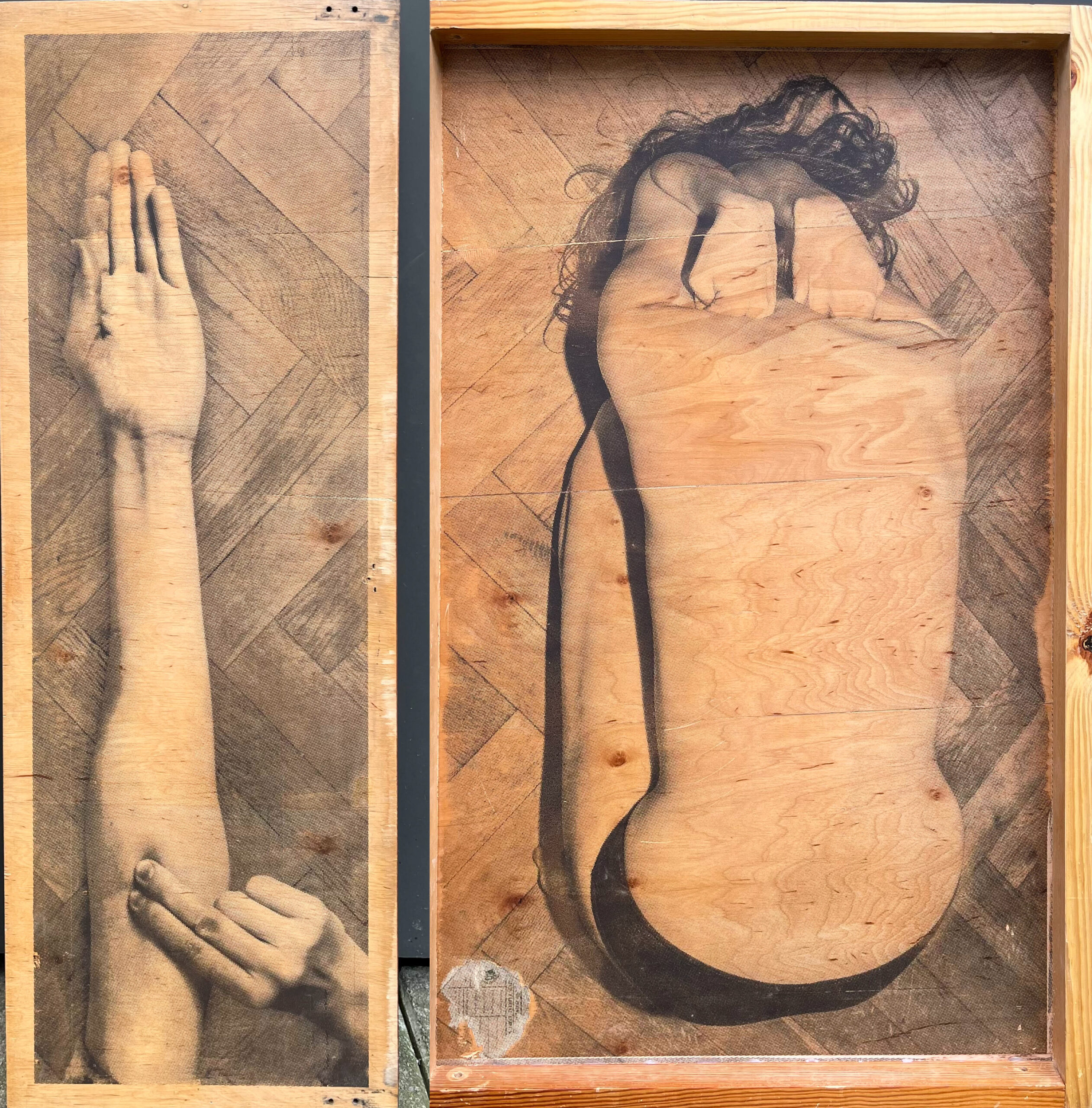 Woskowe figury, sitodruk na drewnianej szufladzie, 100x100x10 cm, 2024