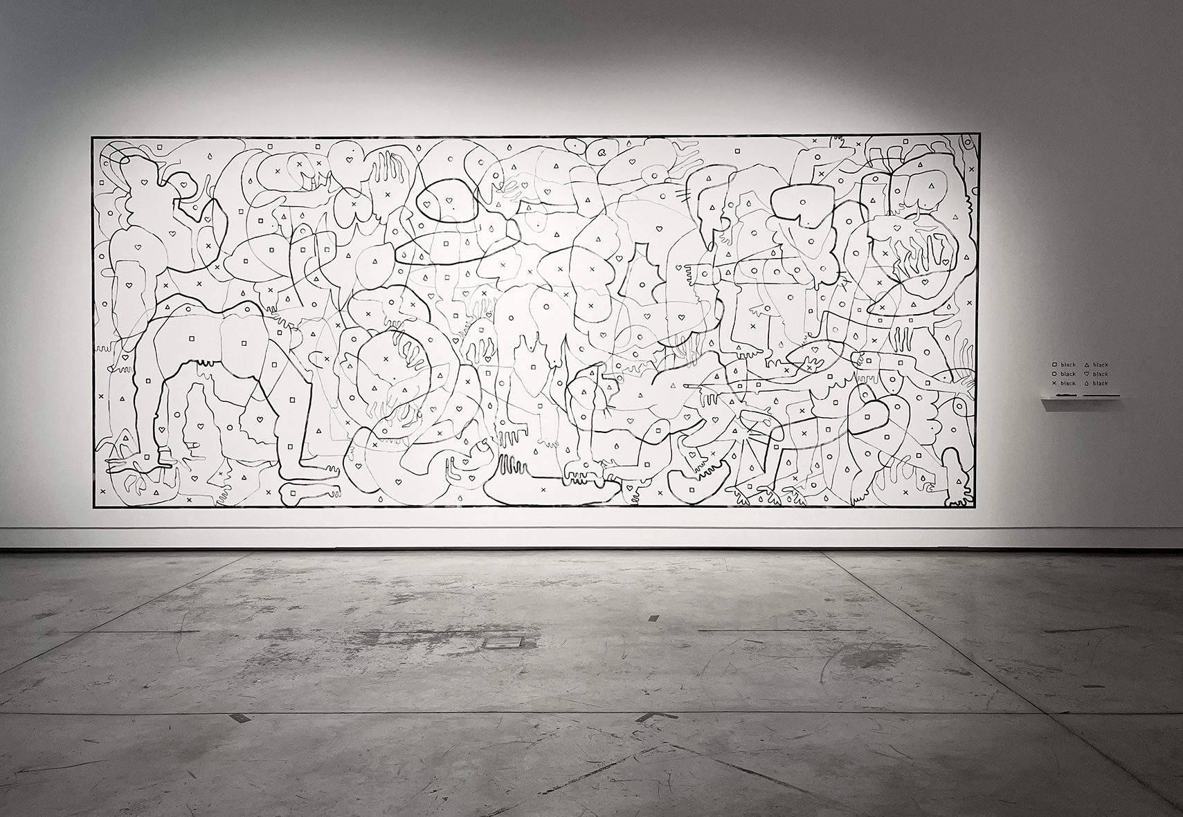Coloring Book for Adults, rysunek na ścianie, rysunek interaktywny, akryl, 250x600
cm, 2023