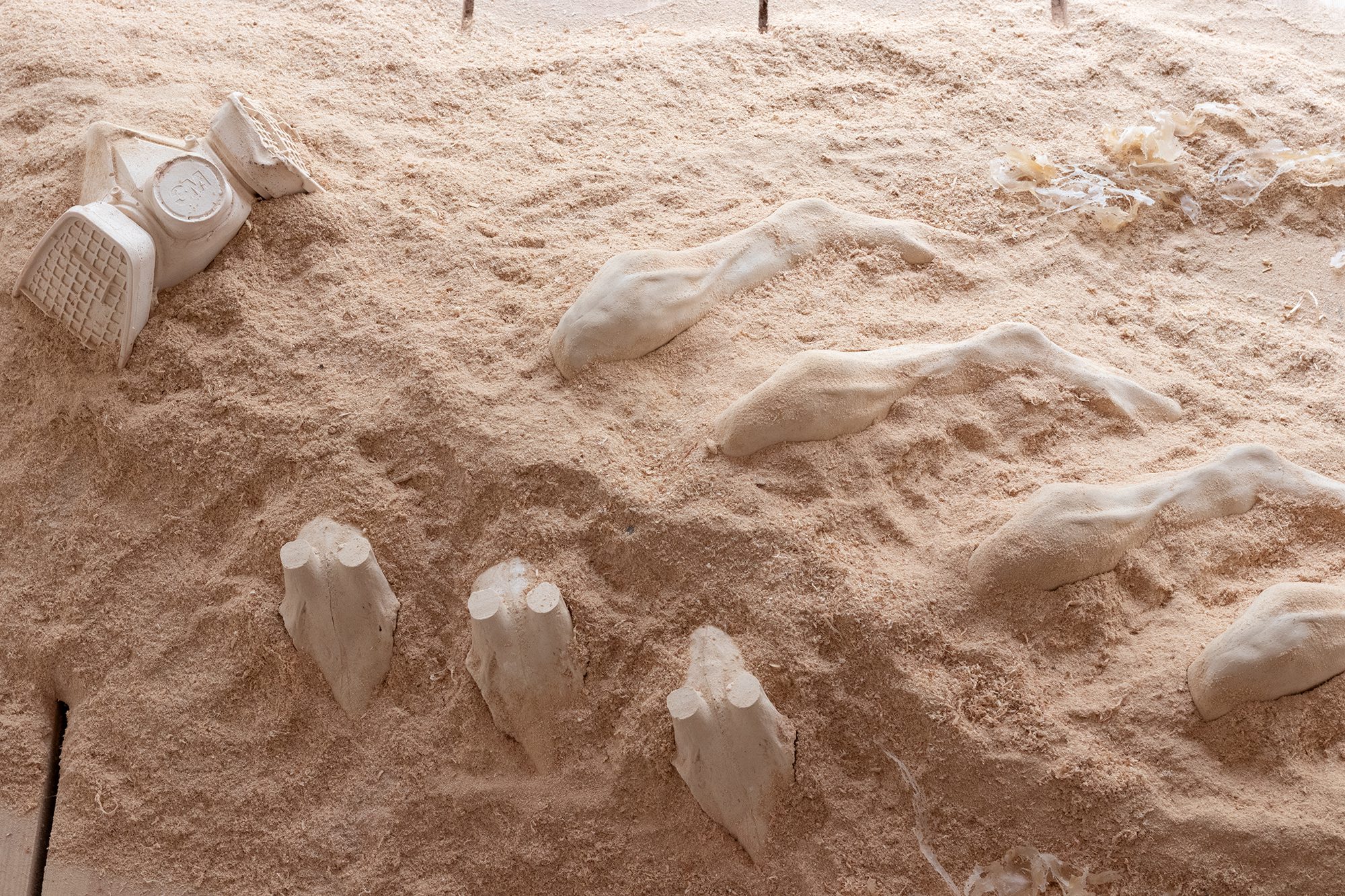 Scratching The Ground, 
fragment instalacji, gips ceramiczny, trociny, 2024