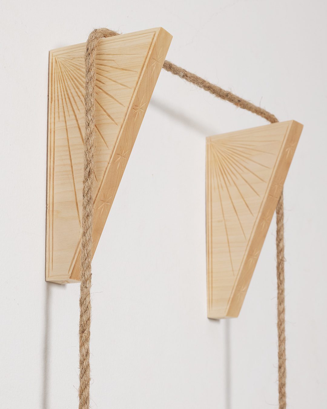 Skrzydła (dla Franki), drewno lipowe, sznur, stal, 100x40x20 cm, 2024Wings (for Franka), linden wood, rope, steel, 100x40x20 cm, 2024